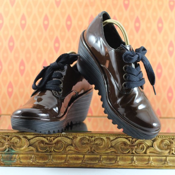 Fly London Chocolate Brown Patent Leather Wedges - Picture 8 of 16